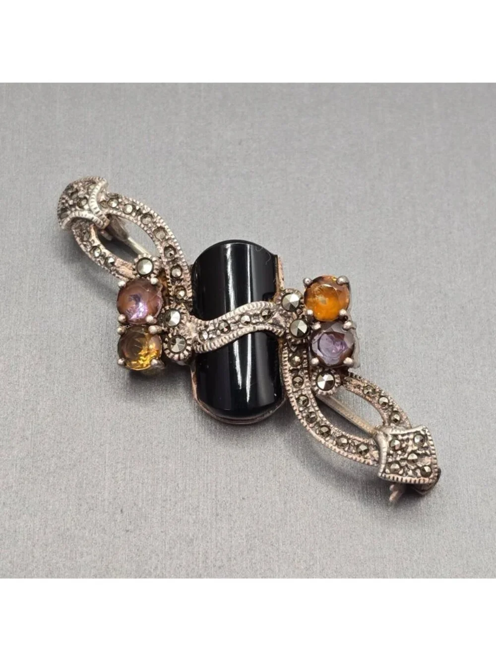 Art Deco Sterling Silver Onyx Amethyst Citrine Marcasite Brooch Vintage C Mark - Picture 3 of 15